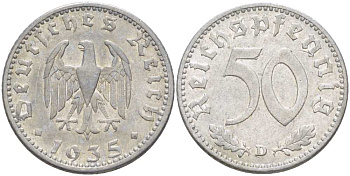 Германия 50 рейхспфеннигов 1935 D KM 87, J.368 алюминий 210-525