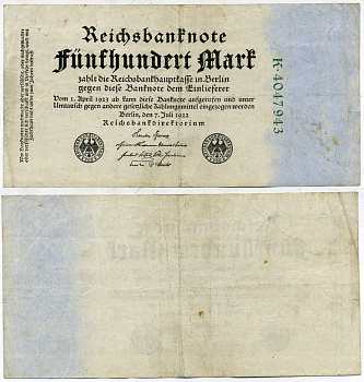 Германия 500 марок 1922 зеленая серия, 7 цифр в номере Pick 74 b бумага 3295-69-2