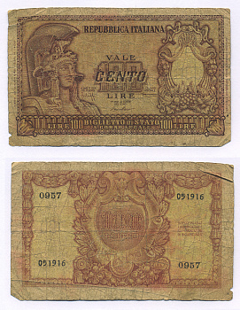 Италия 100 лир 1951 Афина в шлеме, Bolaffi, Cavallaro Pick 92 a бумага 7146-15-1-1