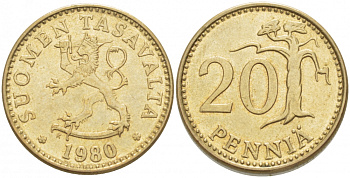 ФИНЛЯНДИЯ 20 ПЕННИ 1980 K KM 47 алюминиевая бронза 3718-651