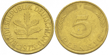 ФРГ 5 ПФЕННИГОВ 1975 F KM 107, J.382 сталь плакированная латунью 3996-1149