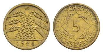 Германия 5 рейхспфеннигов 1924 A KM 39, J. 316 алюминиевая бронза 4636-468