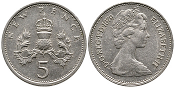 Великобритания 5 пенсов 1979 Елизавета II (1952-2022) KM 911, Spink 4233 (D1) медно-никель 87-1214