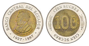 Эквадор 100 сукре 1997 70 лет Центробанку KM 101 биметалл 4649-618