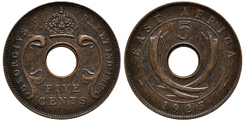 Британская Восточная Африка 5 центов 1925 Георг V (1910-1936) KM 18 бронза 4557-1131