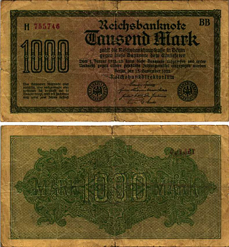 ГЕРМАНИЯ 1000 МАРОК 1922 15 СЕНТЯБРЯ 1922, ВОДЯНОЙ ЗНАК I, ЖЕЛТАЯ БУМАГА, СЕРИЯ ВВ Pick 76b, Rosenberg 75d бумага 6352-49-1-2