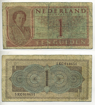 НИДЕРЛАНДЫ 1 ГУЛЬДЕН 1949 8 АВГУСТА 1949, КОРОЛЕВА ЮЛИАНА Pick 72 бумага 7553-25-1