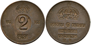 Швеция 2 эре 1954 Густав VI Адольф (1950-1973) KM 821 бронза 4152-442