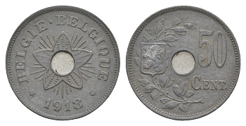 Бельгия 50 сантимов 1918 германская оккупация Первая мировая война, Альберт I (1909-1934) KM 83 цинк 4156-1041