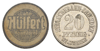 Дрезден трамвайный (транспортный) жетон в 20 пфеннигов ND H?lfert Men05 5719.1, Men18 7136.1 цинк и картон 1527-443