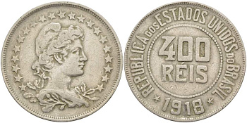 БРАЗИЛИЯ 400 РЕЙС 1918 ГОЛОВА СВОБОДЫ ВПРАВО KM 520 медно-никель 4517-1235