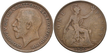 Великобритания 1 пенни 1920 Георг V (1910-1936) KM 810, Spink 4051 бронза 4572-1243