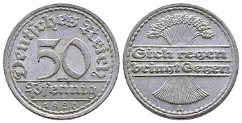 ГЕРМАНИЯ 50 ПФЕННИГОВ 1920 А KM 27, J. 301 алюминий 4380-544