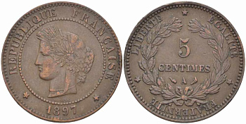 ФРАНЦИЯ 5 САНТИМОВ 1897 A, ТРЕТЬЯ РЕСПУБЛИКА (1871-1940) KM 821.1, LE FRANC 118.41 бронза 108-747