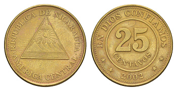 Никарагуа 25 сентаво 2002 KM 99 сталь плакированная латунью 4641-313