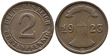 ГЕРМАНИЯ 2 РЕНТЕНПФЕННИГА 1923 G KM 31, J. 307 бронза 24-434