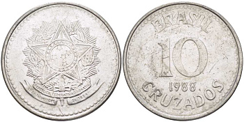 Бразилия 10 крузадо 1988 реформа 1986-1989 KM 607 нержавеющая сталь 210-423