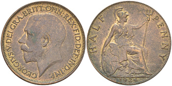 Великобритания 1/2 пенни 1924 Георг V (1910-1936) KM 809, Spink 4056 бронза 4514-816