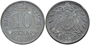 ГЕРМАНИЯ 10 ПФЕННИГОВ 1920 KM 26, J 299 цинк 4395-1243