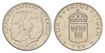 Швеция 1 крона 1991 Карл XVI Густав (1973- ) KM 852a медно-никель 183-315