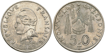 Французская Новая Каледония 50 франков 2009 хижина среди сосен и пальм, (IEOM) KM 13a, Schoen 15a, Lec 128i медно-никель 114-913