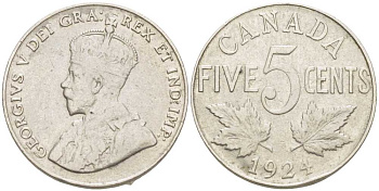 КАНАДА 5 ЦЕНТОВ 1924 ГЕОРГ V KM 29 никель 4448-916