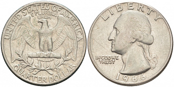 США 25 центов (квотер) 1966 Вашингтон KM 164a медь плакированная медно-никелем 73-316
