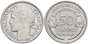 ФРАНЦИЯ 50 САНТИМОВ 1941 ТИП MORLON LOURDE KM 894.1a, LE FRANC 193.2 алюминий 44-242