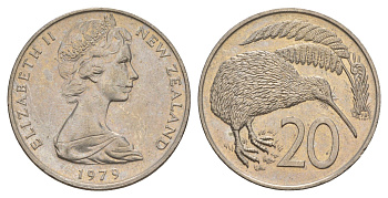 Новая Зеландия 20 центов 1979 Елизавета II (1952-2022), птичка киви KM 36.1 медно-никель 4182-1145