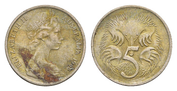 Австралия 5 центов 1966 Елизавета II (1952-2022) молодой портрет, ехидна KM 64 медно-никель 4151-312