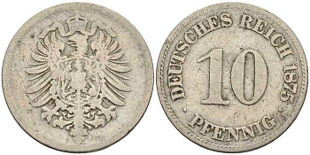 ГЕРМАНИЯ 10 ПФЕННИГОВ 1875 D, СТАРОГЕРБОВКА KM 4, J. 4 медно-никель 4401-247