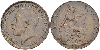 Великобритания 1/2 пенни 1921 Георг V (1910-1936) KM 809, Spink 4056 бронза 117-953