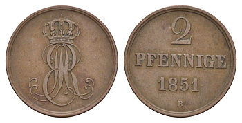 Ганновер 2 пфеннига 1851 B, Эрнст Август I (1837-1851) KM 202.1, AKS 124, J. 75 медь 4657-724