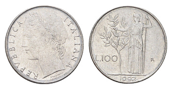 Италия 100 лир 1992 R, Афина в доспехах KM 96.2 нержавеющая сталь 4705-164