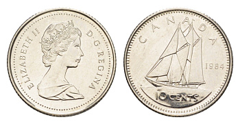 Канада 10 центов 1984 Елизавета II (1952-2022), парусник KM 77 никель UNC 4639-646