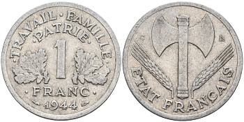 Франция 1 франк 1944 C, тип Lourde, правительство Виши KM 902.1 алюминий 4142-945