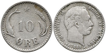 ДАНИЯ 10 ЭРЕ 1889 C; S, КРИСТИАН IX (1863-1906) KM 795.1 серебро 4380-1114