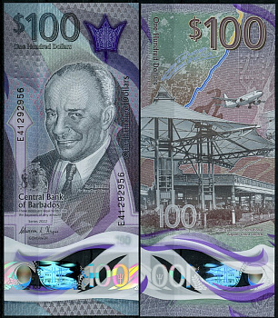 Барбадос 100 долларов 2022 сэр Грэнтли Герберт Адамс, аэропорт Pick 85 пластик UNC (пресс)   451-715-3