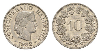 Швейцария 10 раппенов 1932 B KM 27b никель 4627-1143