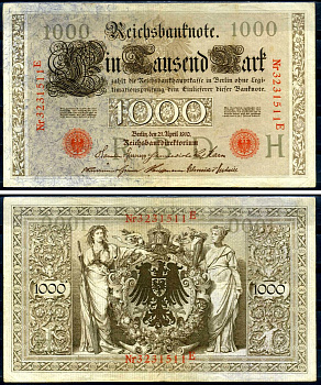 Германия 1000 марок 1910 21 апреля 1910, красная печать, номер семизначный, серия E, буква H, выпуск АПРЕЛЬ - ИЮЛЬ 1918 Pick 44 b бумага 2194-40-1-1