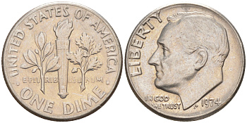 США 10 центов (дайм) 1974 Франклин Рузвельт KM 195a медь плакированная медно-никелем 187-1052