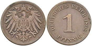 ГЕРМАНИЯ 1 ПФЕННИГ 1892 J KM 10, J. 10, Weege 2 медь 4181-511