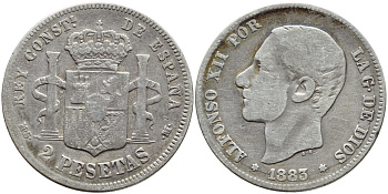 ИСПАНИЯ 2 ПЕСЕТЫ 1883 MS-M, АЛЬФОНСО XII KM 678 серебро 443-634