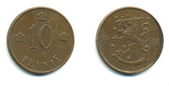 Финляндия 10 пенни 1921 республика (1918-1962) KM 24 медь 29-1117