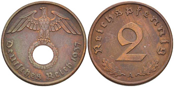 ГЕРМАНИЯ 2 РЕЙХСПФЕННИГА 1937 A KM 90, J. 362 бронза 261-853