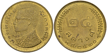 Таиланд 25 сатангов 1977 BE 2520, Король Рама IX (1986 - 2017) Y 109 латунь 4142-452