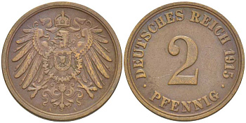 ГЕРМАНИЯ 2 ПФЕННИГА 1915 A KM 16, J. 11, Weege 4 медь 206-653