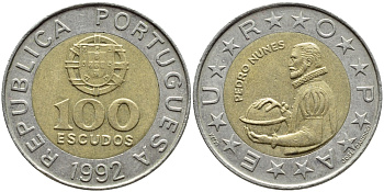 Португалия 100 эскудо 1992 Педру Нуниш (1502-1578), математик KM 645.1 биметалл 4395-953
