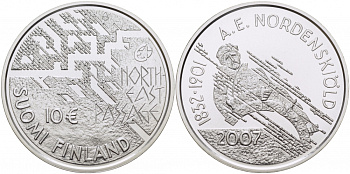 Финляндия 10 евро 2007 175 лет со дня рождения Нильс Адольфа Эрика Норденшёльда, первопроходец Северно-Восточного морского пути KM 134 серебро  PROOF 1077-7-31