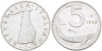ИТАЛИЯ 5 ЛИР 1952 R, РУЛЬ, ДЕЛЬФИН KM 92 алюминий 31-621